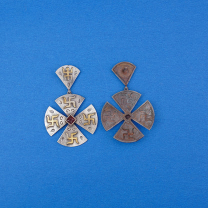 Swastik- Silver Brass Stone studded dangler earrings