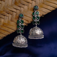 Green Stone Studded Silver Toned Jhumka