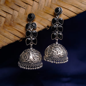 Black Stone Studded Silver Toned Jhumka