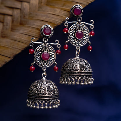 Mallika- Silver Brass Oxidised Jhumka Earrings(Red)