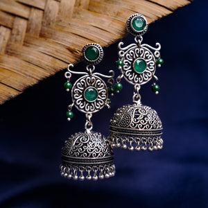 Green Stone Studed Silver Toned Brass Jhumka