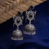 Black Stone Studded Silver Toned Brass Jhumka