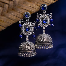 Blue Stone Studded Silver Toned Brass Jhumka