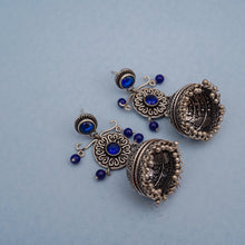 Blue Stone Studded Silver Toned Brass Jhumka