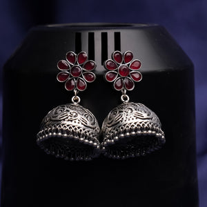 Red Stone Studded Silver Toned Jhumka