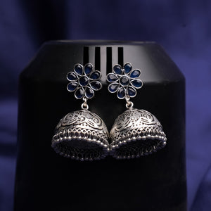 Blue Stone Studded Silver Toned Jhumka