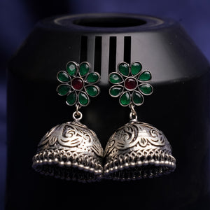 Green Stone Studded Silver Toned Jhumka