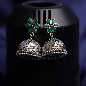 Green Stone Studded Silver Toned Jhumka