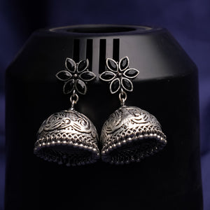 Black Stone Studded Silver Toned Jhumka