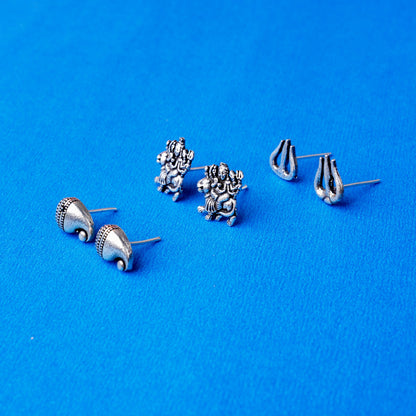 Triveni- Combo of Silver Brass Oxidised stud Earrings