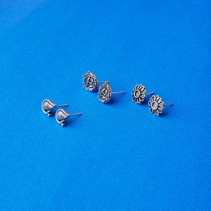 Saathiya- Combo of Silver Brass Oxidised stud Earrings