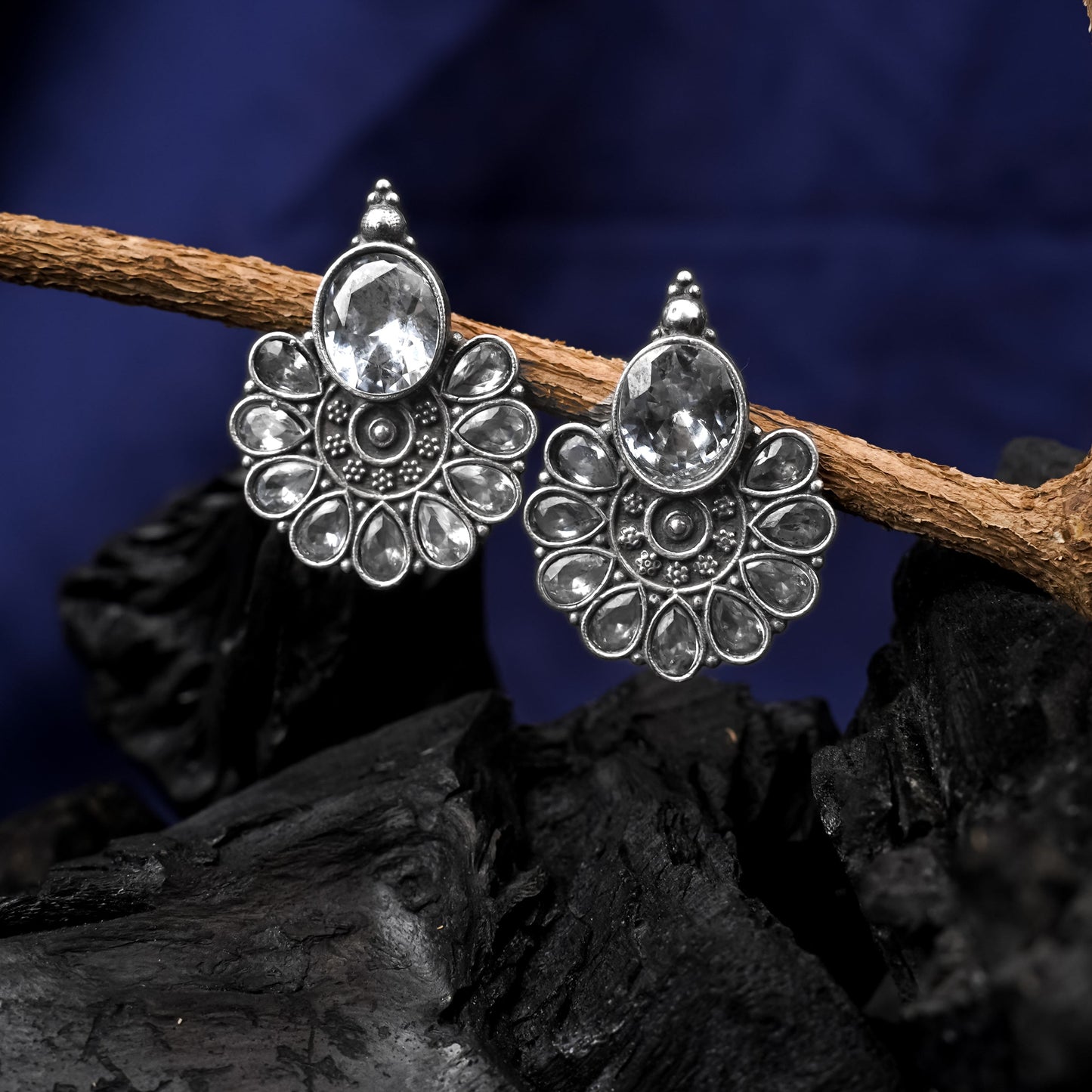 Roohini- Silver Brass Stone-Studded Stud Earrings