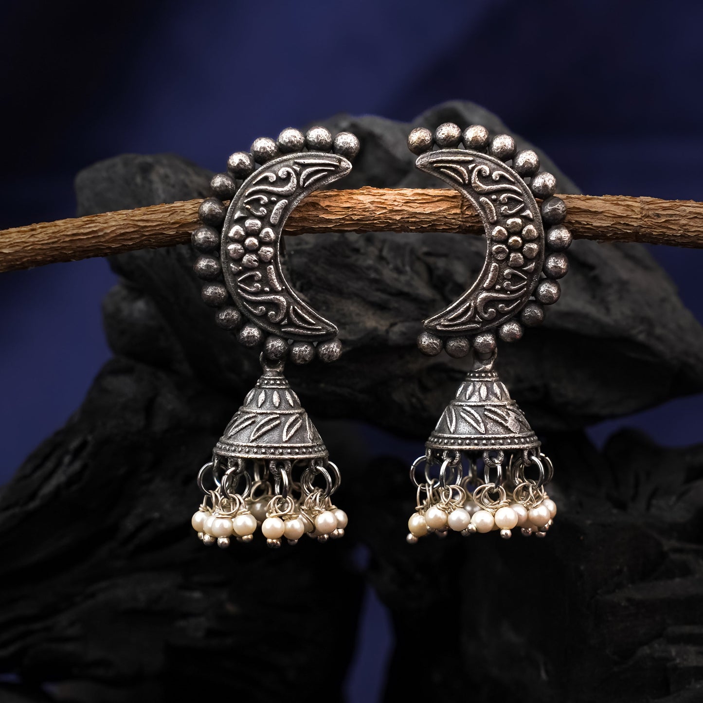ArdhChandra- Silver Brass oxidised dangler earrings