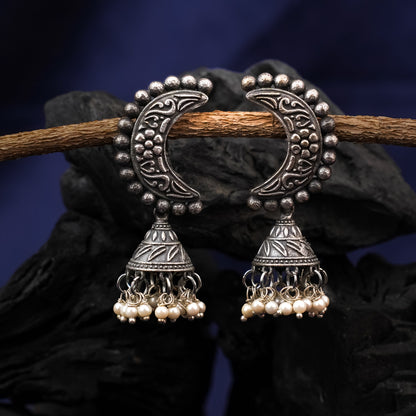 ArdhChandra- Silver Brass oxidised dangler earrings