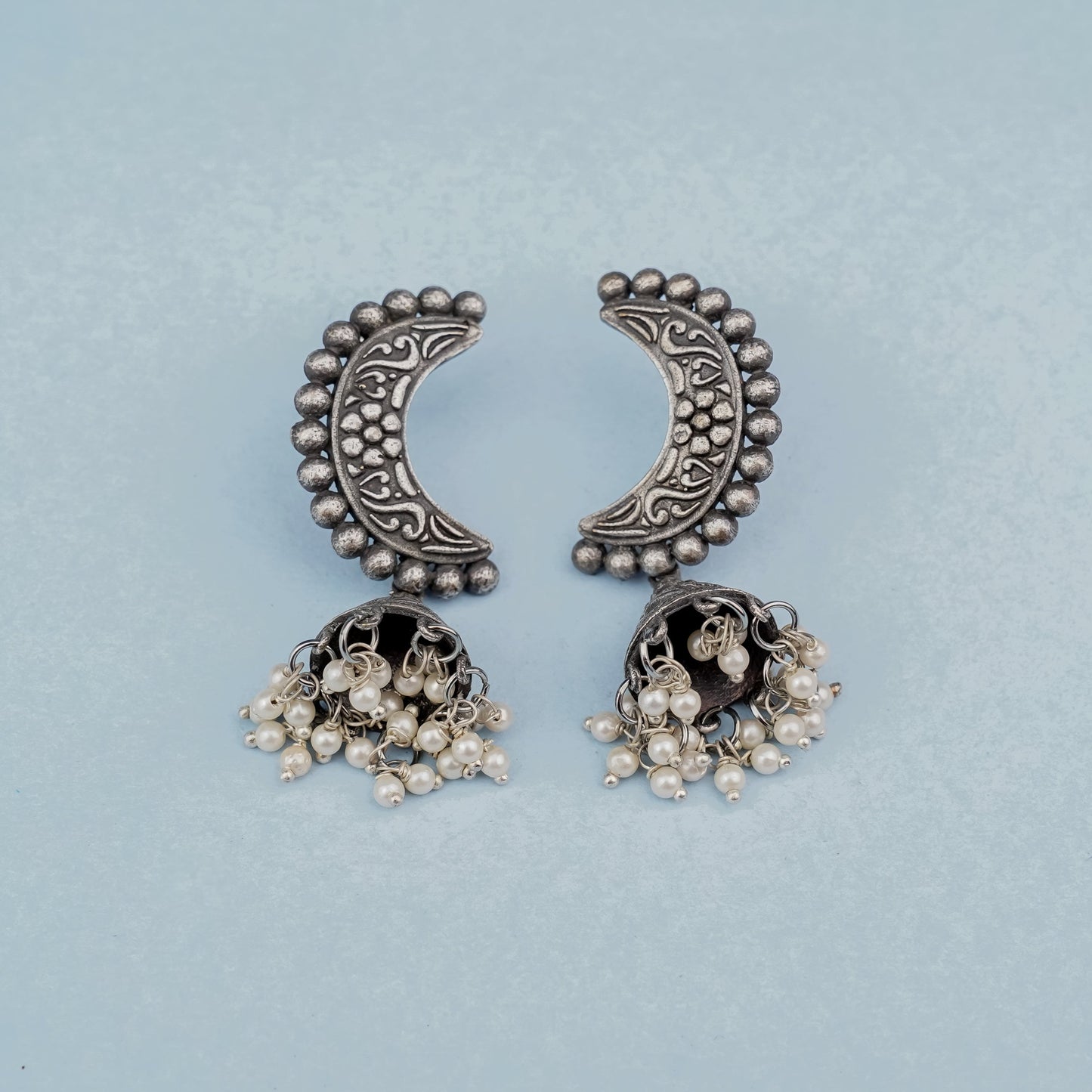 ArdhChandra- Silver Brass oxidised dangler earrings