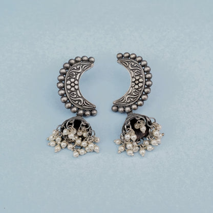 ArdhChandra- Silver Brass oxidised dangler earrings