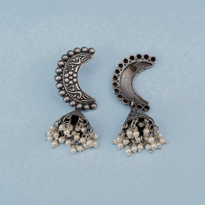 ArdhChandra- Silver Brass oxidised dangler earrings