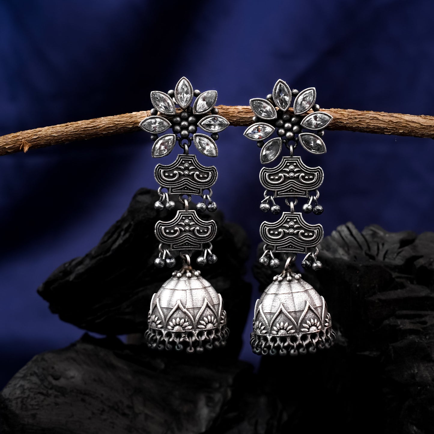 Kundanika- Silver Brass oxidised dangler earrings