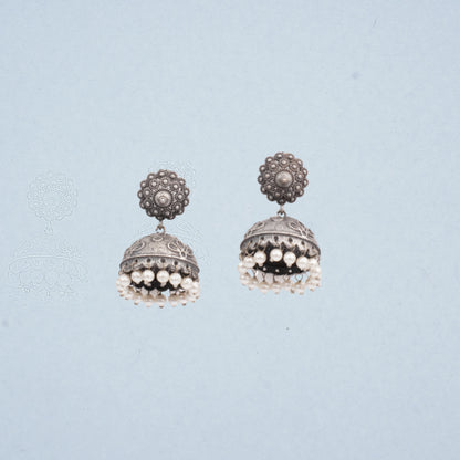 Kusum- Silver Brass Pearl jhumka earrings
