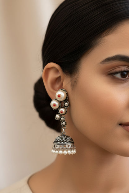 Motikshi- Silver Brass Pearl jhumka earrings