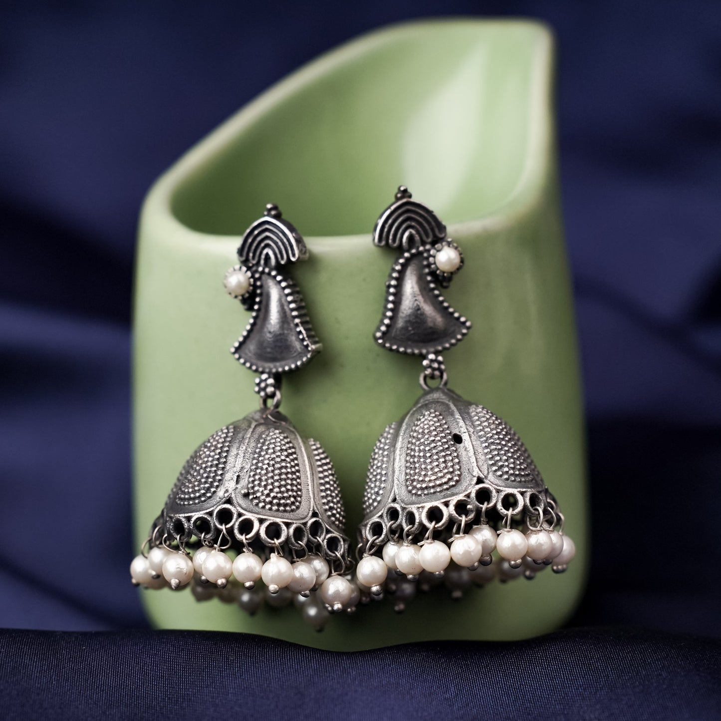 NeelKanthi- Silver Brass Pearl jhumka earrings