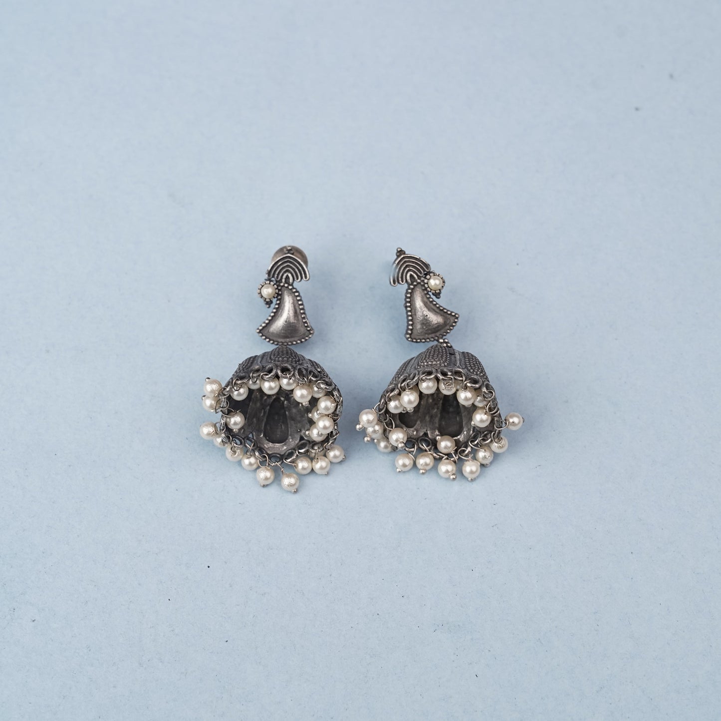 NeelKanthi- Silver Brass Pearl jhumka earrings