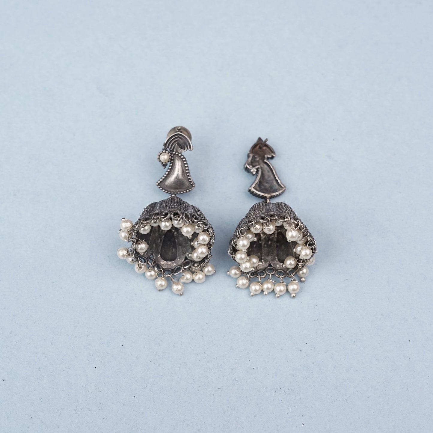 NeelKanthi- Silver Brass Pearl jhumka earrings
