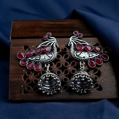 ChandMor- Silver Brass Pearl jhumka earrings (Peacock)