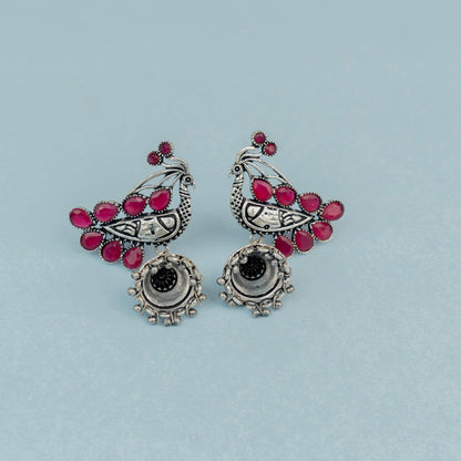 ChandMor- Silver Brass Pearl jhumka earrings (Peacock)