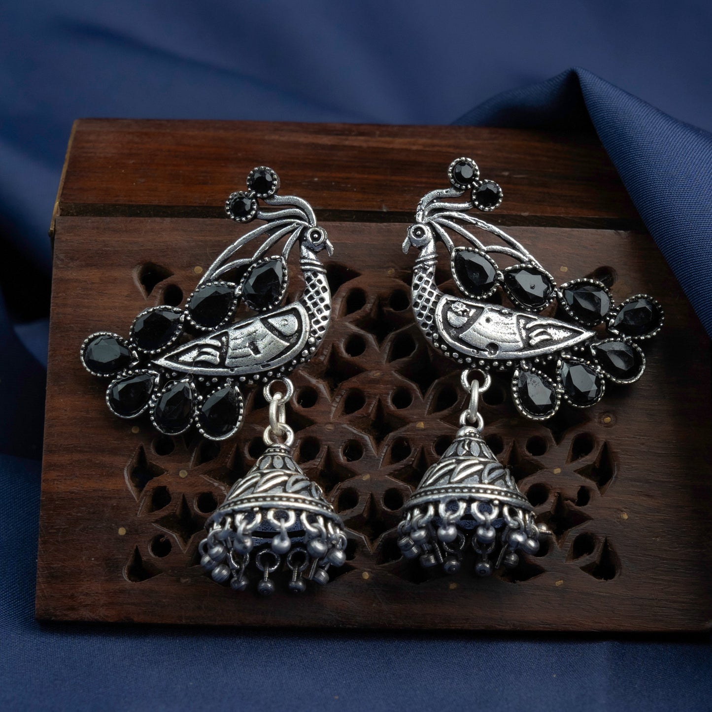 ChandMor- Silver Brass Pearl jhumka earrings (Black)