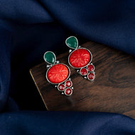 Red & Green Duzi stone Brass Earrings