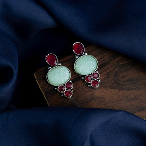 Red & SkyBlue Duzi stone Brass Earrings