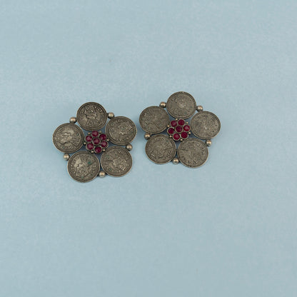 MudraPushp- Silver Brass Oxidised Stud Earrings(Red)
