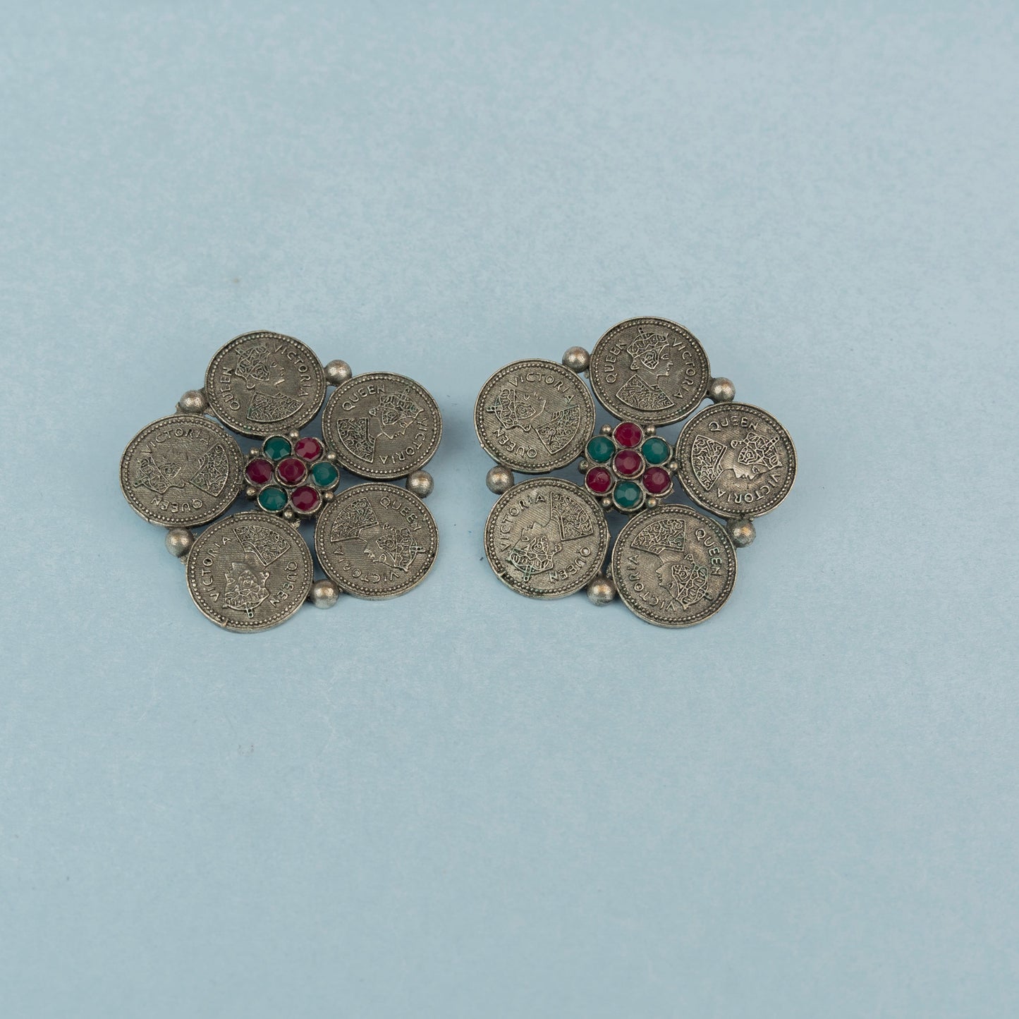 MudraPushp- Silver Brass Oxidised Stud Earrings(Multicolored)
