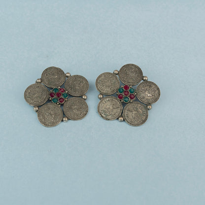 MudraPushp- Silver Brass Oxidised Stud Earrings(Multicolored)