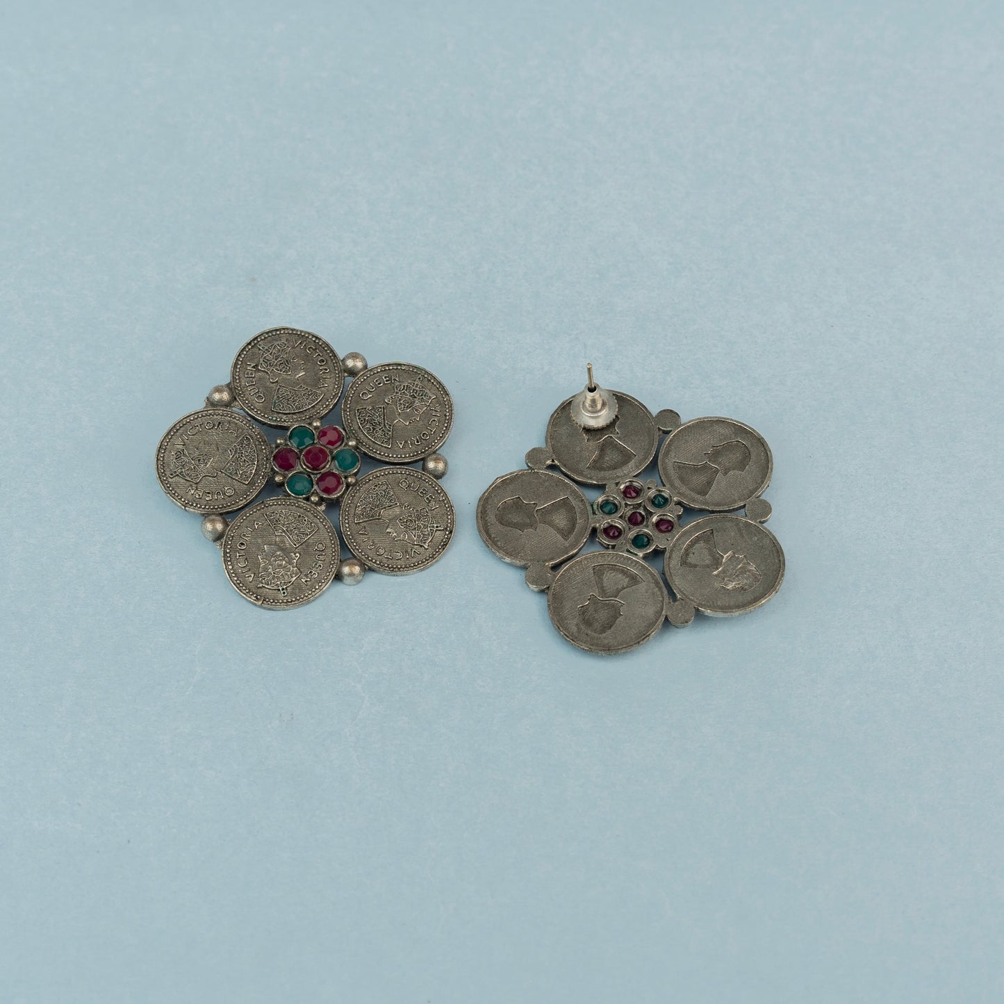 MudraPushp- Silver Brass Oxidised Stud Earrings(Multicolored)