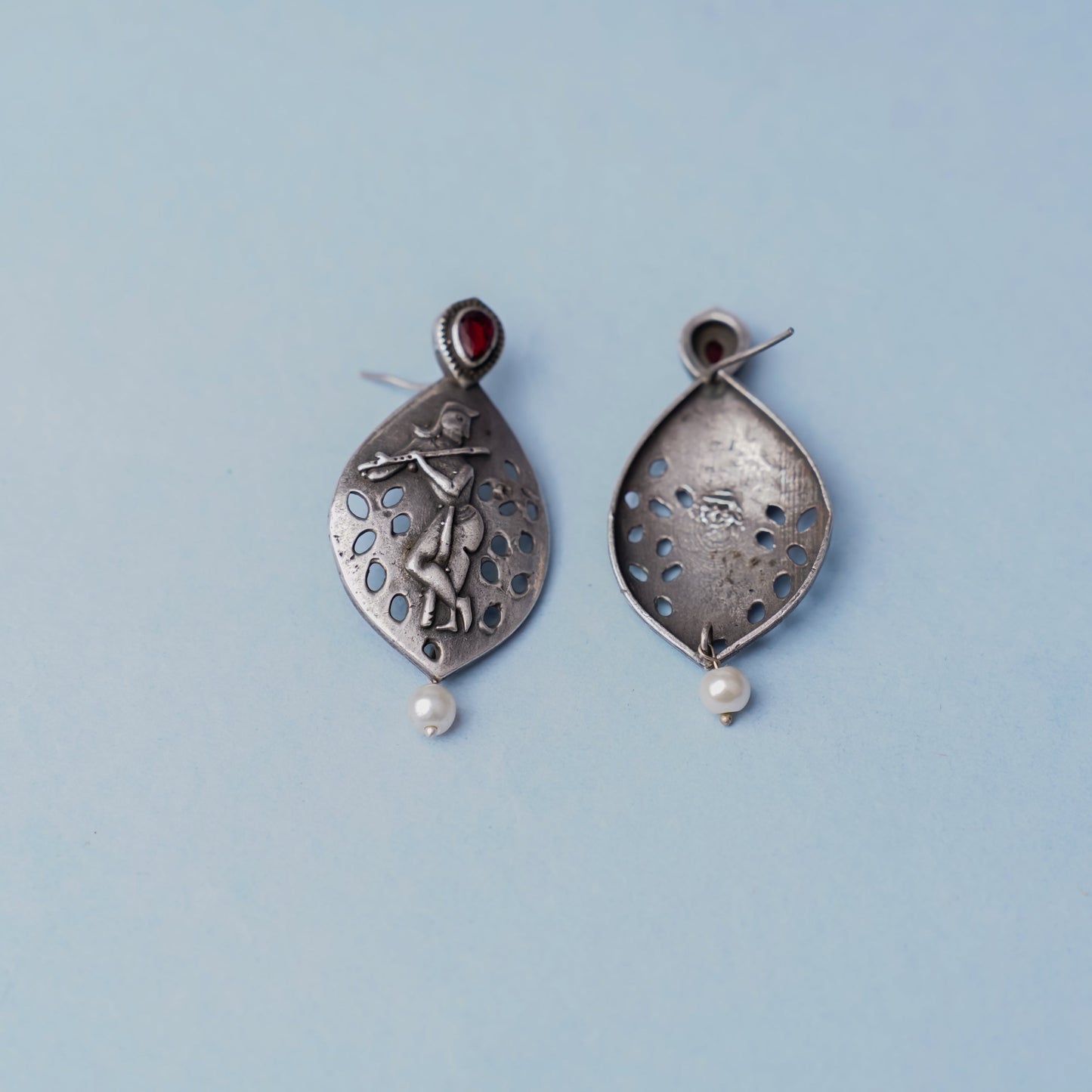 Kanha- Silver Brass Pearl dangler earrings(Red)