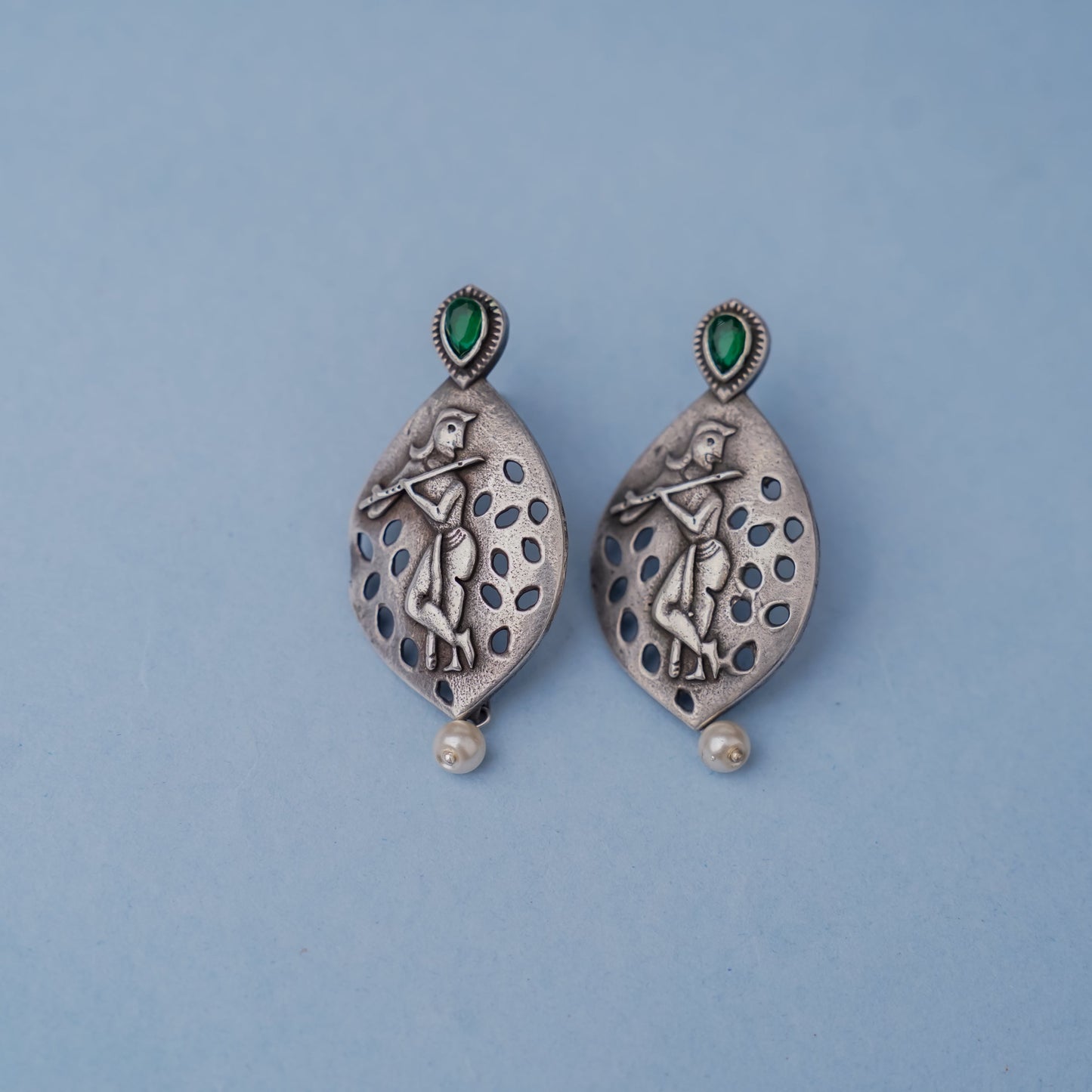 Kanha- Silver Brass Pearl dangler earrings(Green)