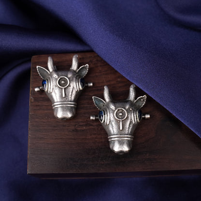 Nandi- Silver oxidised stone studded stud earrings(Blue)