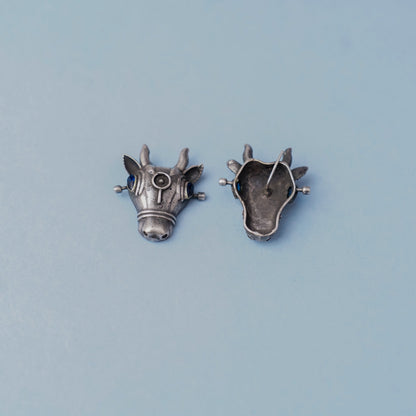 Nandi- Silver oxidised stone studded stud earrings(Blue)