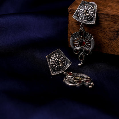 Gulbahar-Silver Brass Oxidised dangler earrings(Red)