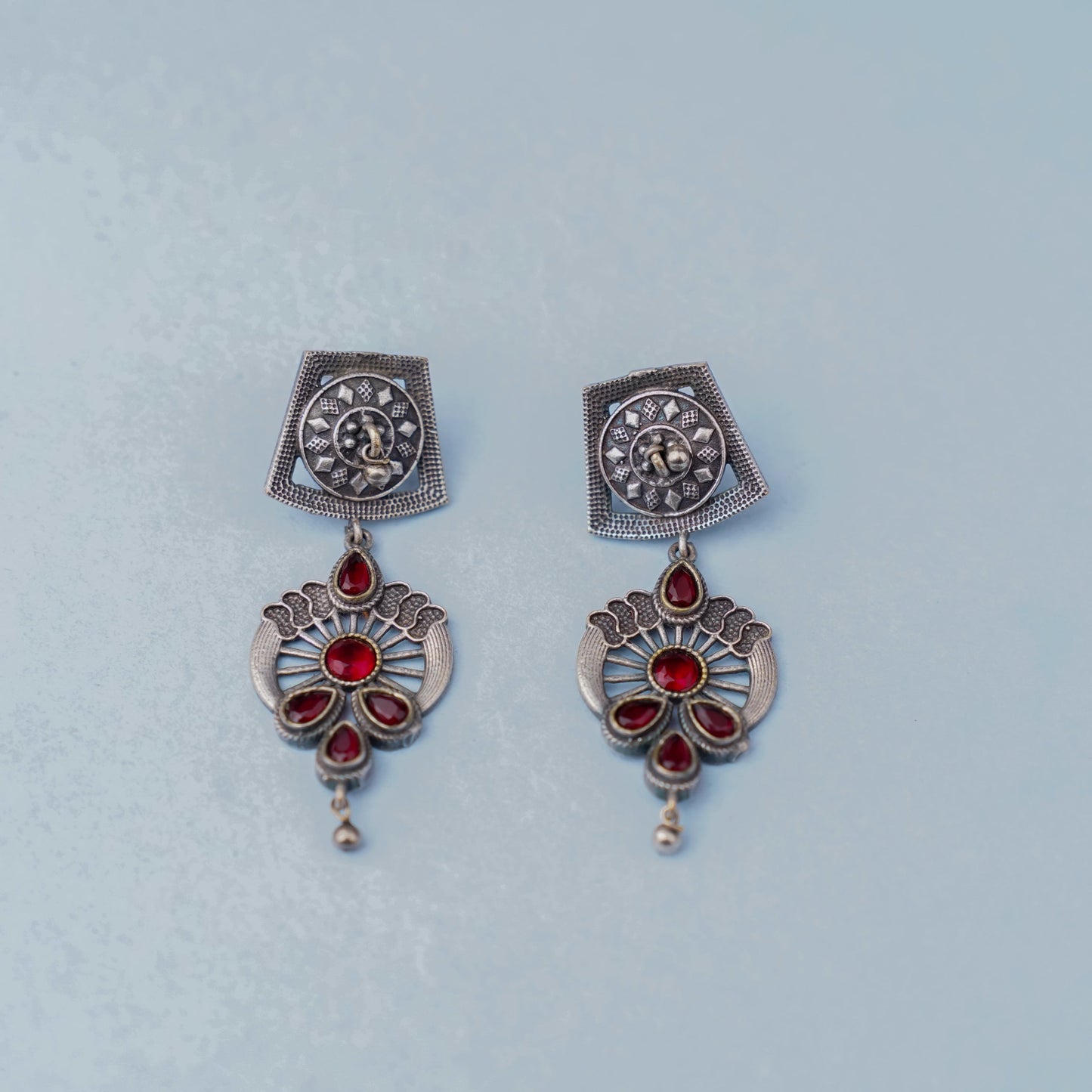 Gulbahar-Silver Brass Oxidised dangler earrings(Red)