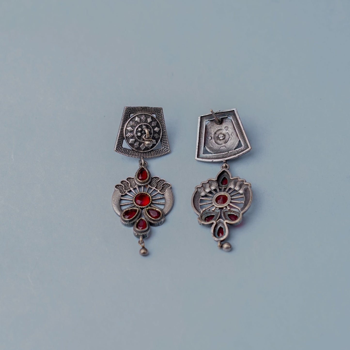 Gulbahar-Silver Brass Oxidised dangler earrings(Red)