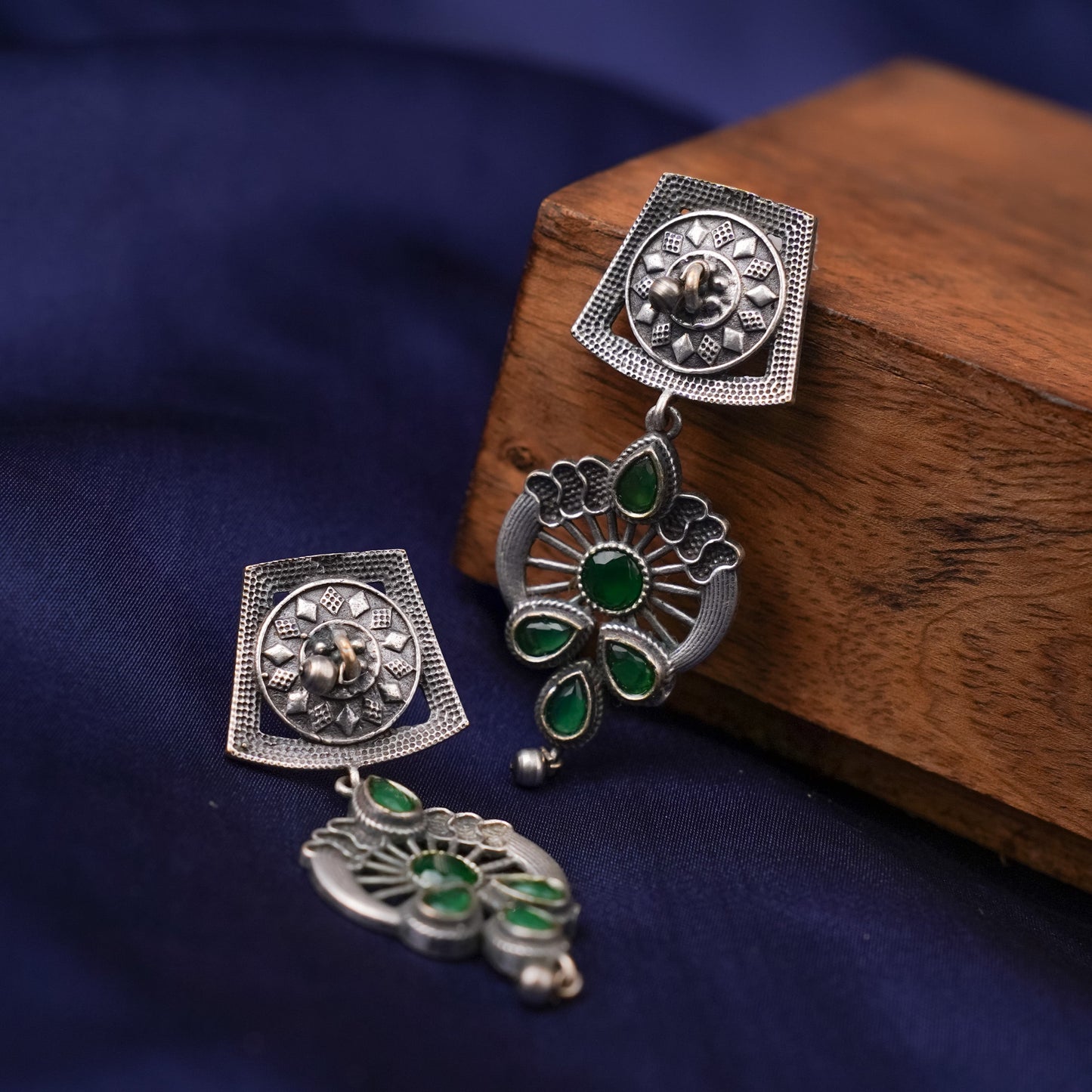 Gulbahar-Silver Brass Oxidised dangler earrings(Green)