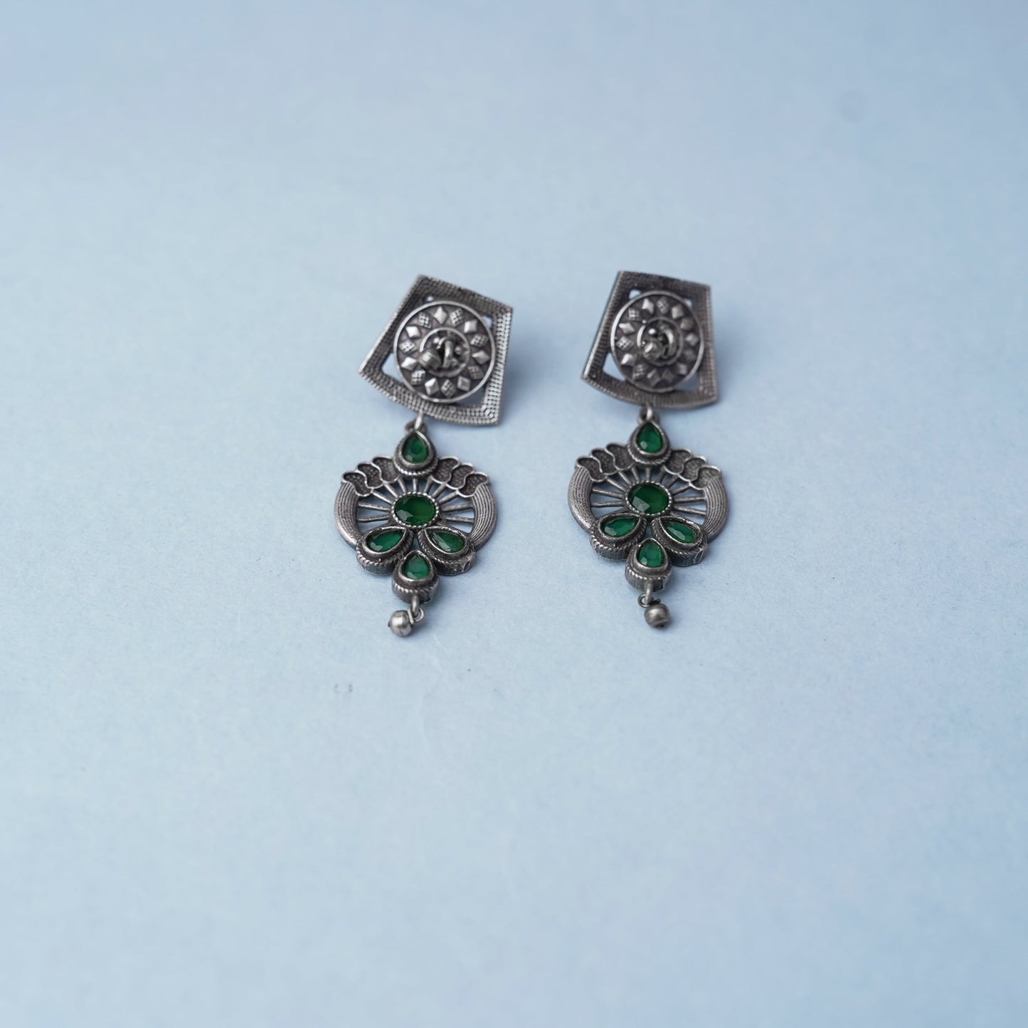 Gulbahar-Silver Brass Oxidised dangler earrings(Green)