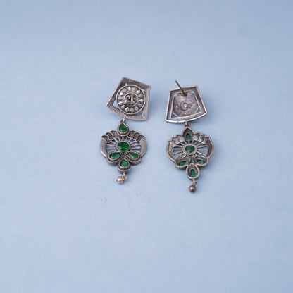 Gulbahar-Silver Brass Oxidised dangler earrings(Green)