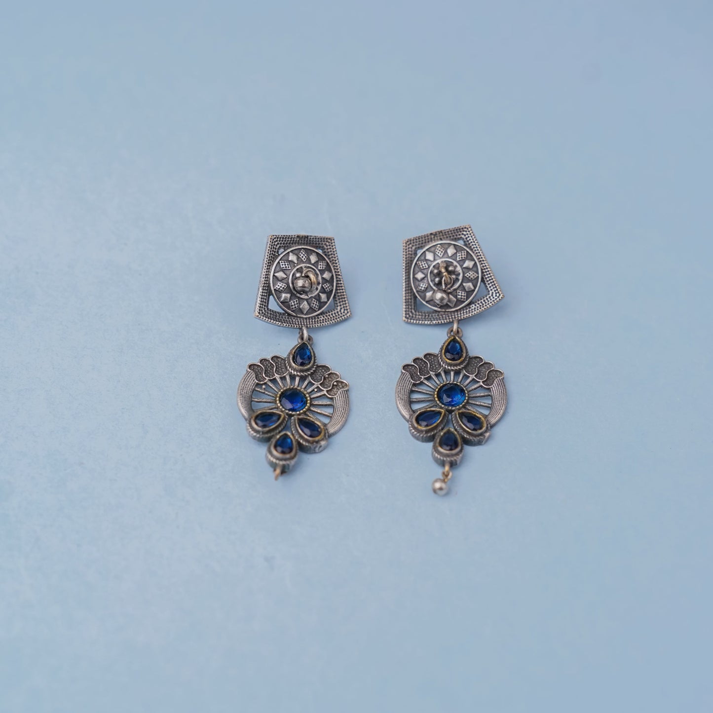 Gulbahar-Silver Brass Oxidised dangler earrings(Blue)