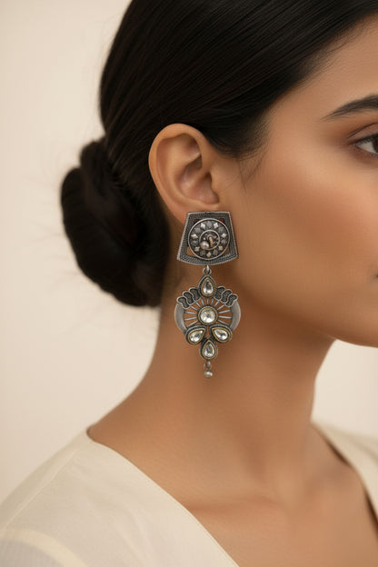 Gulbahar-Silver Brass Oxidised dangler earrings(White)