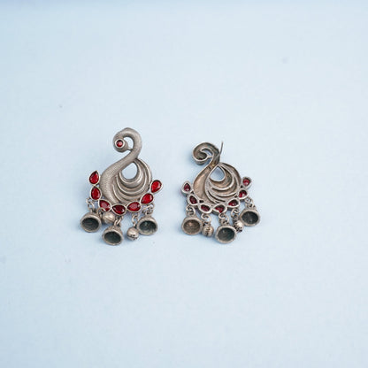 Hansika- Silver Brass ghunghroo dangler earrings(Red)