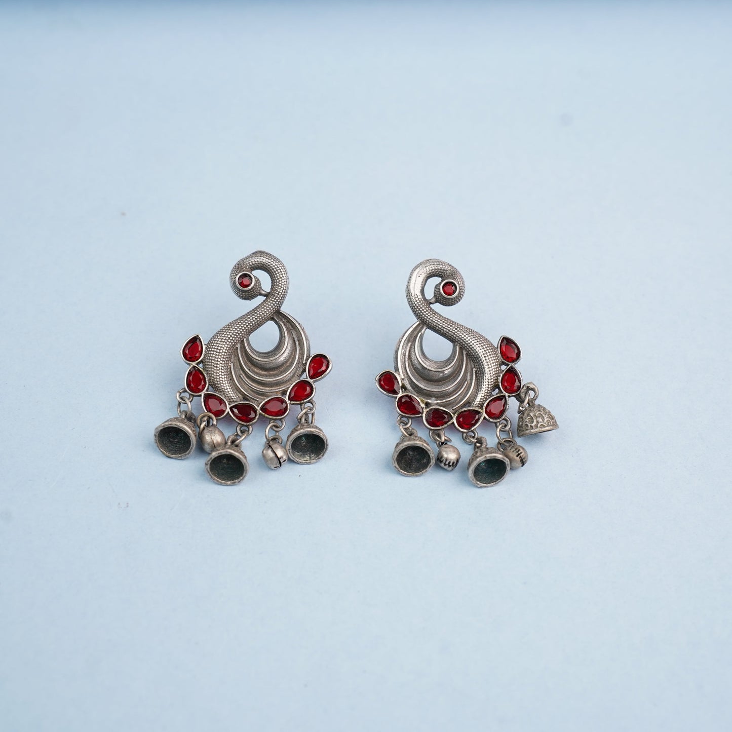 Hansika- Silver Brass ghunghroo dangler earrings(Red)